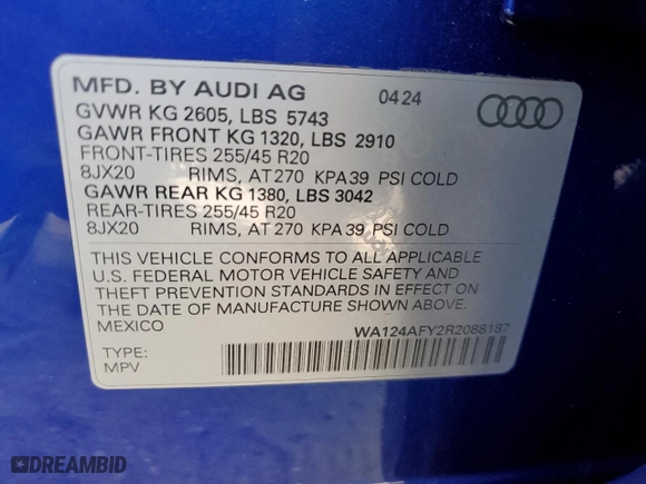 2024 Audi SQ5 Sportback Premium Plus with VIN WA124AFY2R2088187, listed as a Copart auction lot 73215564 with 106 mi miles and Salvage Title. Bid and sale history available at carsss.com. Image 12.