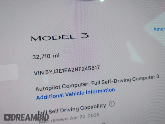 2022 Tesla Model 3 with VIN 5YJ3E1EA2NF245817, listed as a IAAI auction lot 41976493 with 32,710 mi miles and . Bid and sale history available at DreamBid. Image 16.
