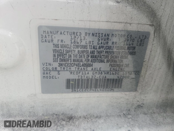 2014 Nissan Note SV с VIN 3N1CE2CP4EL405004, выставлен на аукционе Copart как лот 53518315 с пробегом 97 825 миль миль и Списание • Salvage title. История ставок и продаж доступна на DreamBid. Изображение 12.