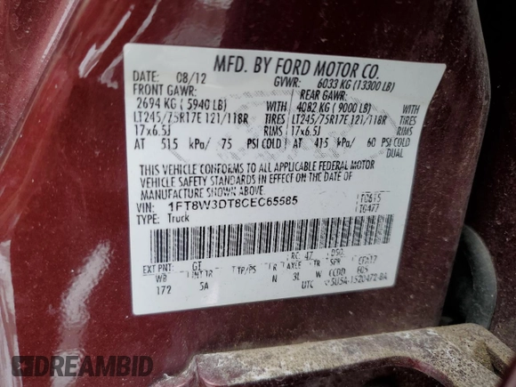 2012 Ford F-350 XL with VIN 1FT8W3DT8CEC65585, listed as a Copart auction lot 43032205 with 173,959 mi miles and Salvage Title. Bid and sale history available at DreamBid. Image 14.
