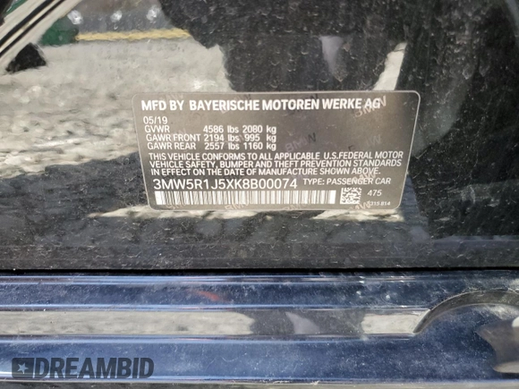 2019 BMW 3 Series 330i with VIN 3MW5R1J5XK8B00074, listed as a Copart auction lot 50806195 with 77,777 mi miles and Salvage Title. Bid and sale history available at carsss.com. Image 12.