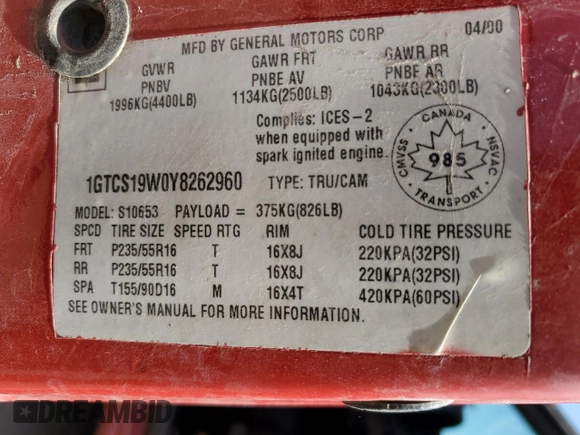 2000 GMC Sonoma SLS z VIN 1GTCS19W0Y8262960, wystawiony jako Copart lot #56512435 z przebiegiem 243 662 mil mil oraz Tytuł czysty. Historia ofert i sprzedaży dostępna na DreamBid. Obrazek 12.