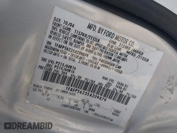 2005 Ford Taurus SEL with VIN 1FAFP56235A209879, listed as a IAAI auction lot 42537452 with 231,151 mi miles and . Bid and sale history available at DreamBid. Image 9.