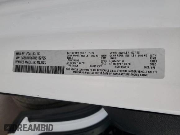 2024 Ram ProMaster Cargo Tradesman with VIN 3C6LRVDG7RE132725, listed as a Copart auction lot 49747225 with 2,020 mi miles and Salvage Title. Bid and sale history available at DreamBid. Image 13.
