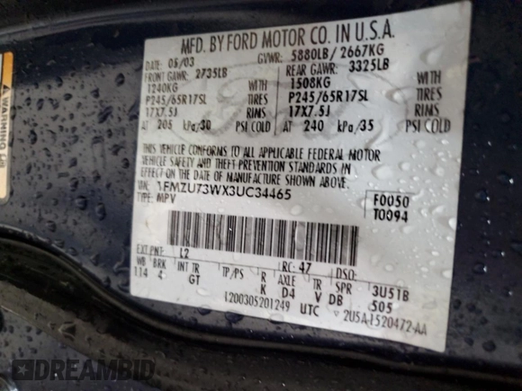 2003 Ford Explorer XLT z VIN 1FMZU73WX3UC34465, wystawiony jako Copart lot #51679395 z przebiegiem Nie podano mil oraz Szkoda całkowita • Salvage title. Historia ofert i sprzedaży dostępna na DreamBid. Obrazek 13.