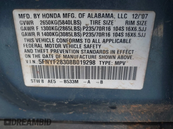 2008 Honda Pilot SE z VIN 5FNYF28308B019298, wystawiony jako IAAI lot #41352461 z przebiegiem 283 806 mil mil oraz . Historia ofert i sprzedaży dostępna na DreamBid. Obrazek 9.