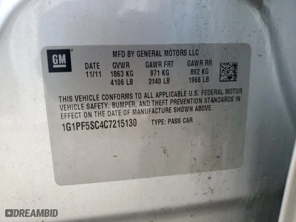 2012 Chevrolet Cruze LT w/1LT with VIN 1G1PF5SC4C7215130, listed as a Copart auction lot 51801285 with 99,993 mi miles and Salvage Title. Bid and sale history available at carsss.com. Image 12.