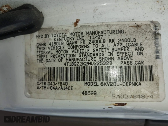 1998 Toyota Camry LE z VIN 4T1BG22K2WU225323, wystawiony jako IAAI lot #41884893 z przebiegiem 262 222 mil mil oraz . Historia ofert i sprzedaży dostępna na DreamBid. Obrazek 9.