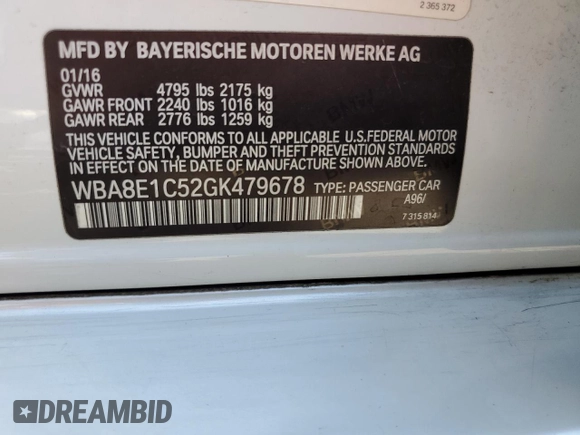 2016 BMW 3 Series 330e iPerformance with VIN WBA8E1C52GK479678, listed as a Copart auction lot 54372055 with 186,028 mi miles and Clean Title. Bid and sale history available at carsss.com. Image 12.
