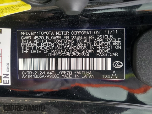 2012 Lexus IS 250 C with VIN JTHFF2C28C2522934, listed as a Copart auction lot 49918695 with 109,595 mi miles and Salvage title. Bid and sale history available at DreamBid. Image 12.