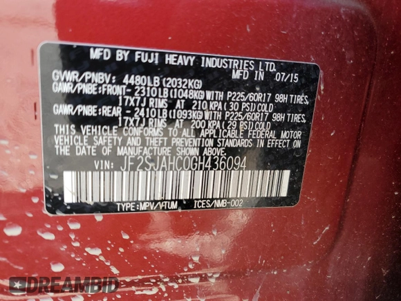 2016 Subaru Forester Limited with VIN JF2SJAHC0GH436094, listed as a Copart auction lot 55496585 with 107,512 mi miles and Salvage Title. Bid and sale history available at DreamBid. Image 14.