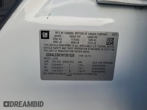 2017 Chevrolet Equinox LT with VIN 2GNALCEK7H1581026, listed as a IAAI auction lot 42239176 with 150,298 mi miles and . Bid and sale history available at DreamBid. Image 1.