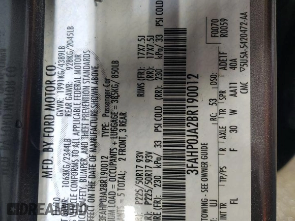 2011 Ford Fusion SEL with VIN 3FAHP0JA2BR190012, listed as a Copart auction lot 41697495 with 110,684 mi miles and Salvage Title. Bid and sale history available at carsss.com. Image 12.