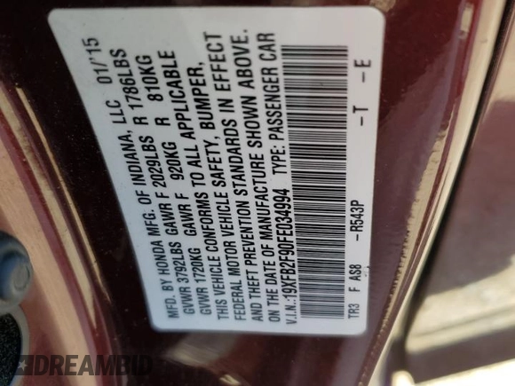 2015 Honda Civic Sedan EX-L with VIN 19XFB2F90FE034994, listed as a Copart auction lot 50828665 with 204,042 mi miles and Salvage Title. Bid and sale history available at carsss.com. Image 12.