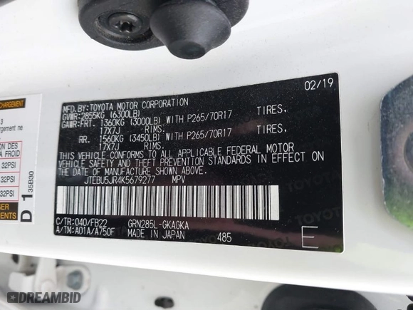 2019 Toyota 4Runner SR5 with VIN JTEBU5JR4K5679277, listed as a IAAI auction lot 41793373 with 103,737 mi miles. Bid and sale history available at carsss.com. Image 9.