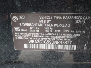 2013 BMW 3 Series 328i with VIN WBA3C1G59DNR47877, listed as a IAAI auction lot 41640493 with 106,689 mi miles and . Bid and sale history available at DreamBid. Image 9.