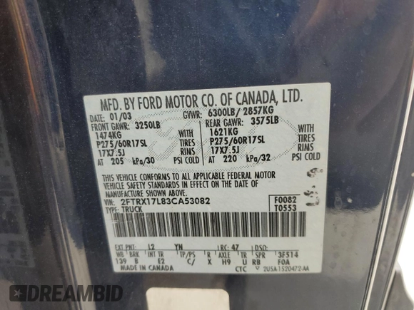2003 Ford F-150 XL with VIN 2FTRX17L83CA53082, listed as a Copart auction lot 63836305 with 219,269 mi miles and Salvage title. Bid and sale history available at DreamBid. Image 12.