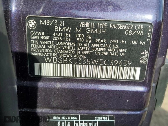1998 BMW 3 Series M3 with VIN WBSBK0335WEC39639, listed as a Copart auction lot 46694465 with 16,585 mi miles and Clean Title. Bid and sale history available at carsss.com. Image 12.