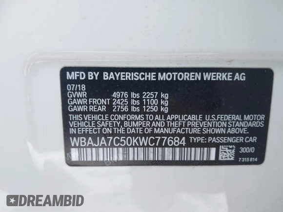 2019 BMW 5 Series 530i xDrive with VIN WBAJA7C50KWC77684, listed as a IAAI auction lot 41629289 with 31,194 mi miles. Bid and sale history available at carsss.com. Image 9.