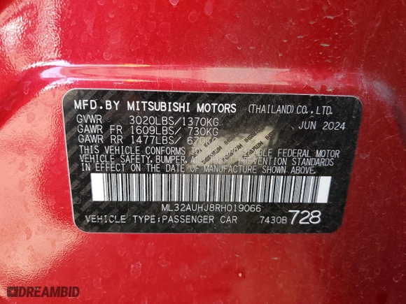 2024 Mitsubishi Mirage ES with VIN ML32AUHJ8RH019066, listed as a Copart auction lot 51341325 with 7,080 mi miles and Non Repairable. Bid and sale history available at carsss.com. Image 13.
