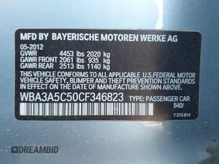2012 BMW 3 Series 328i with VIN WBA3A5C50CF346823, listed as a IAAI auction lot 42161682 with 76,729 mi miles and . Bid and sale history available at carsss.com. Image 9.