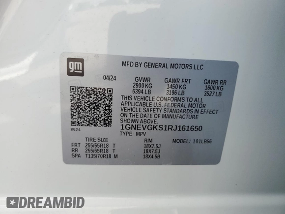 2024 Chevrolet Traverse AWD LT with VIN 1GNEVGKS1RJ161650, listed as a Copart auction lot 73191674 with 1,650 mi miles and Clean Title. Bid and sale history available at carsss.com. Image 13.