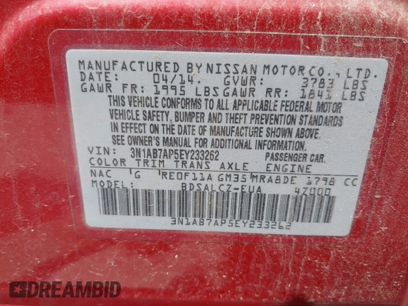 2014 Nissan Sentra SR z VIN 3N1AB7AP5EY233262, wystawiony jako IAAI lot #42551348 z przebiegiem 185 863 mil mil oraz . Historia ofert i sprzedaży dostępna na DreamBid. Obrazek 9.
