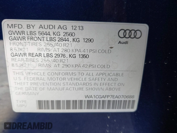 2014 Audi SQ5 Premium Plus with VIN WA1CGAFP7EA070688, listed as a IAAI auction lot 42229193 with 109,684 mi miles and . Bid and sale history available at DreamBid. Image 9.