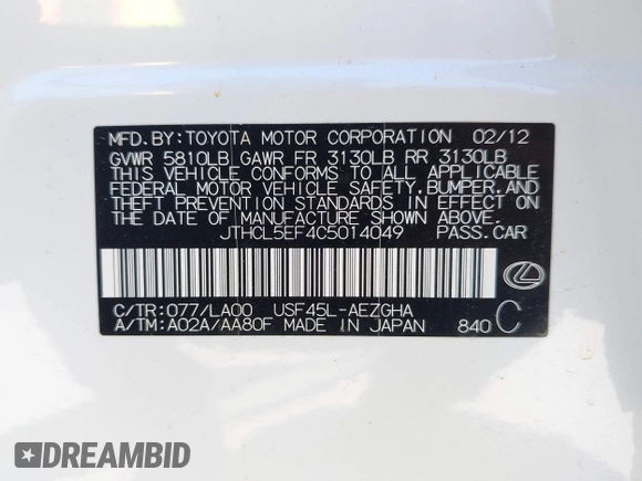 2012 Lexus LS 460 with VIN JTHCL5EF4C5014049, listed as a IAAI auction lot 42107343 with 49,677 mi miles and . Bid and sale history available at DreamBid. Image 9.