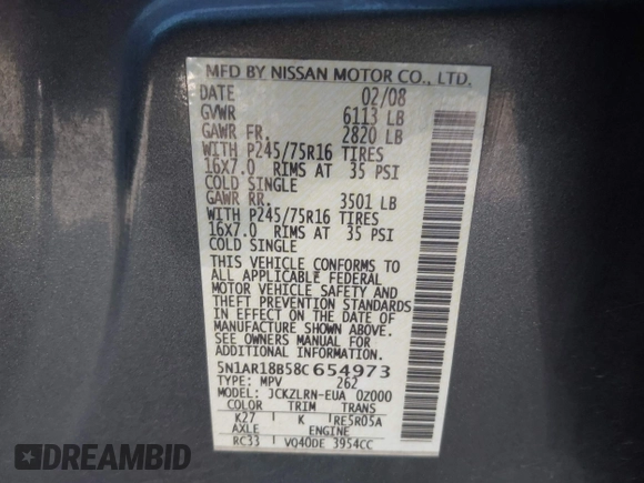 2008 Nissan Pathfinder SE with VIN 5N1AR18B58C654973, listed as a IAAI auction lot 42795855 with 197,071 mi miles and . Bid and sale history available at DreamBid. Image 9.