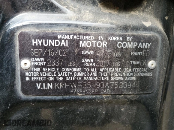 2003 Hyundai Sonata GLS with VIN KMHWF35H93A752394, listed as a Copart auction lot 76838254 with 124,234 mi miles and Salvage Title. Bid and sale history available at carsss.com. Image 14.