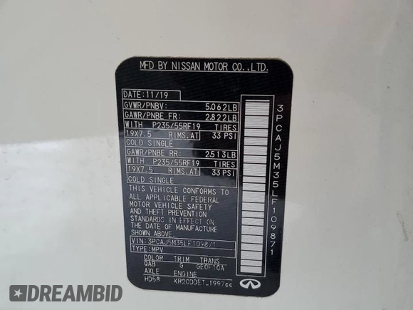 2020 Infiniti QX50 Luxe z VIN 3PCAJ5M35LF109871, wystawiony jako Copart lot #62479765 z przebiegiem 55 723 mil mil oraz Szkoda całkowita • Salvage title. Historia ofert i sprzedaży dostępna na DreamBid. Obrazek 13.