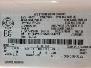 2022 Ford F-150 XL with VIN 1FTEW1EP6NKD84751, listed as a Copart auction lot 51076105 with 71,848 mi miles and Salvage Title. Bid and sale history available at carsss.com. Image 12.
