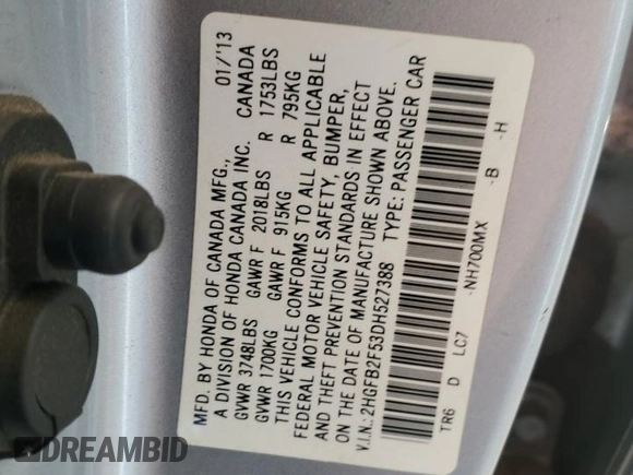 2013 Honda Civic LX with VIN 2HGFB2F53DH527388, listed as a Copart auction lot 46123985 with 146,591 mi miles and Salvage Title. Bid and sale history available at DreamBid. Image 12.
