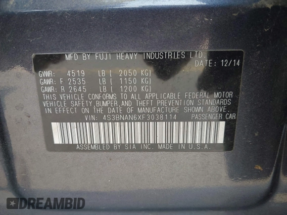 2015 Subaru Legacy Limited с VIN 4S3BNAN6XF3038114, выставлен на аукционе IAAI как лот 42373576 с пробегом 129 222 миль миль и . История ставок и продаж доступна на DreamBid. Изображение 9.