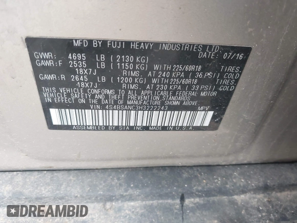 2017 Subaru Outback Limited z VIN 4S4BSANC3H3222243, wystawiony jako IAAI lot #42366093 z przebiegiem 148 814 mil mil oraz . Historia ofert i sprzedaży dostępna na DreamBid. Obrazek 9.