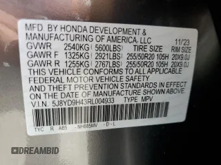 2024 Acura MDX Technology with VIN 5J8YD9H43RL004933, listed as a Copart auction lot 56544625 with 1,870 mi miles and Salvage title. Bid and sale history available at DreamBid. Image 13.