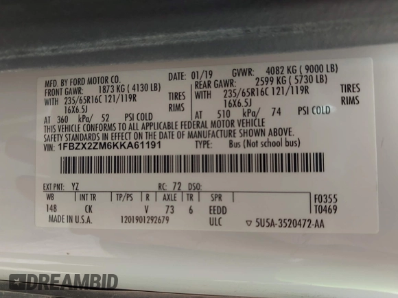 2019 Ford Transit Passenger XL with VIN 1FBZX2ZM6KKA61191, listed as a IAAI auction lot 42162863 with 92,015 mi miles and . Bid and sale history available at DreamBid. Image 9.
