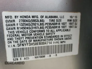 2014 Honda Pilot EX-L with VIN 5FNYF3H58EB004714, listed as a Copart auction lot 42533085 with 105,879 mi miles and Salvage Title. Bid and sale history available at DreamBid. Image 13.
