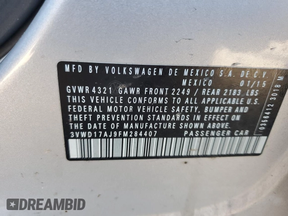 2015 Volkswagen Jetta Sport with VIN 3VWD17AJ9FM284407, listed as a Copart auction lot 75402284 with Not provided miles and Salvage title. Bid and sale history available at DreamBid. Image 12.
