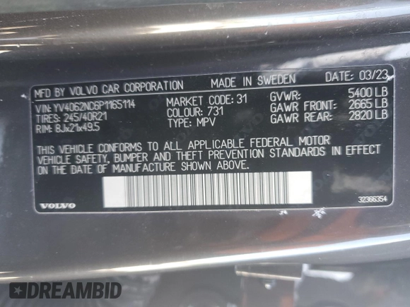 2023 Volvo V90 Ultimate with VIN YV4062NC6P1165114, listed as a Copart auction lot 45105885 with 26,962 mi miles and Salvage title. Bid and sale history available at DreamBid. Image 14.