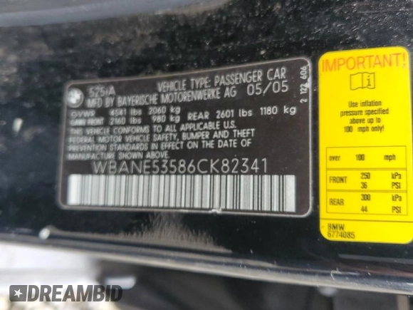 2006 BMW 5 Series 525i with VIN WBANE53586CK82341, listed as a Copart auction lot 49351205 with 184,079 mi miles and Salvage Title. Bid and sale history available at DreamBid. Image 12.