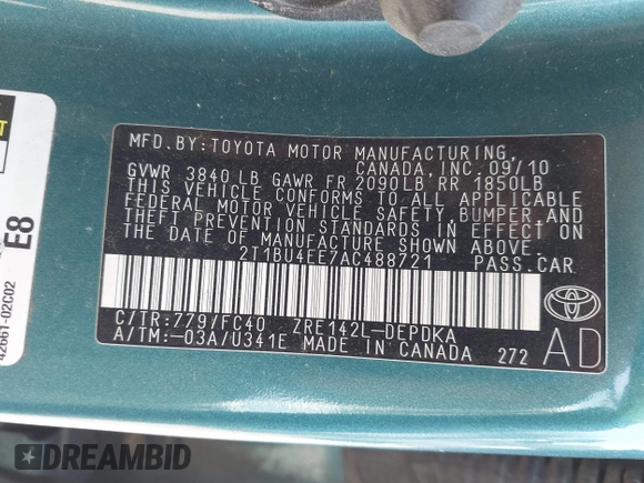 2010 Toyota Corolla with VIN 2T1BU4EE7AC488721, listed as a IAAI auction lot 42152886 with 204,832 mi miles and . Bid and sale history available at DreamBid. Image 9.