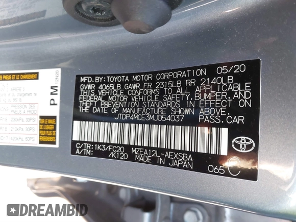 2021 Toyota Corolla SE with VIN JTDP4MCE3MJ054037, listed as a IAAI auction lot 41513459 with 67,250 mi miles. Bid and sale history available at carsss.com. Image 9.