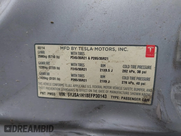 2014 Tesla Model S 60 with VIN 5YJSA1H18EFP30143, listed as a IAAI auction lot 42190505 with Not provided miles and . Bid and sale history available at DreamBid. Image 9.