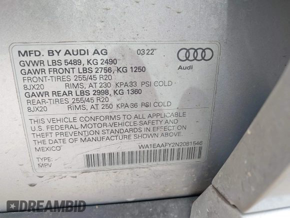 2022 Audi Q5 S line Premium Plus with VIN WA1EAAFY2N2081546, listed as a IAAI auction lot 42255043 with 33,371 mi miles and . Bid and sale history available at DreamBid. Image 9.