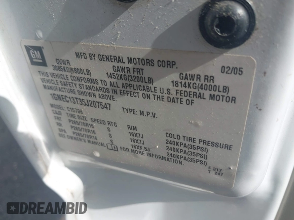 2005 Chevrolet Tahoe LT with VIN 1GNEC13T35J207547, listed as a IAAI auction lot 42185904 with 327,200 mi miles and . Bid and sale history available at DreamBid. Image 9.