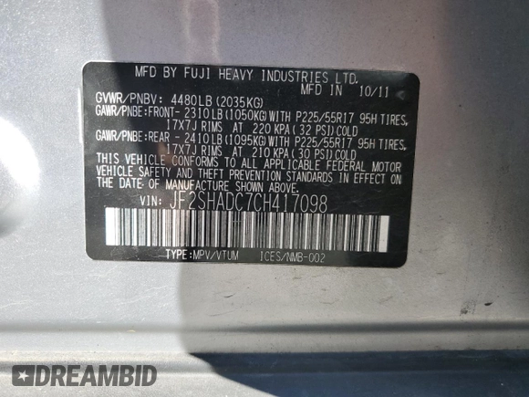 2012 Subaru Forester X Premium z VIN JF2SHADC7CH417098, wystawiony jako Copart lot #60042125 z przebiegiem 122 865 mil mil oraz Szkoda całkowita • Salvage title. Historia ofert i sprzedaży dostępna na DreamBid. Obrazek 13.