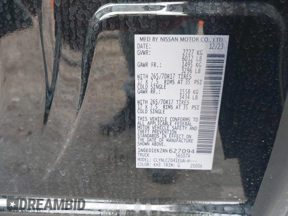 2024 Nissan Frontier SV with VIN 1N6ED1EK2RN627094, listed as a IAAI auction lot 42308056 with 5,692 mi miles and . Bid and sale history available at DreamBid. Image 9.
