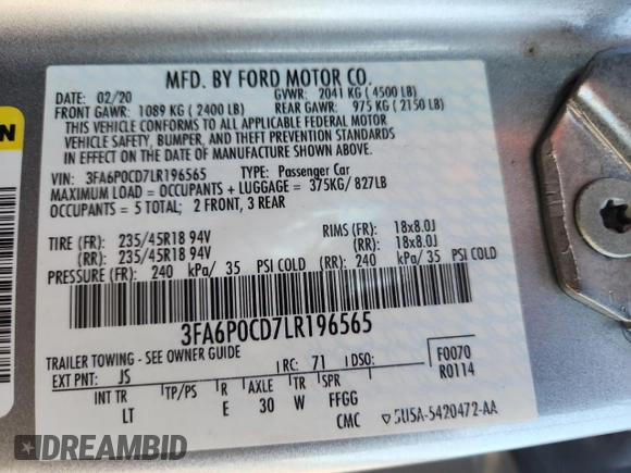 2020 Ford Fusion SEL with VIN 3FA6P0CD7LR196565, listed as a Copart auction lot 63267545 with 82,606 mi miles and Salvage title. Bid and sale history available at DreamBid. Image 13.